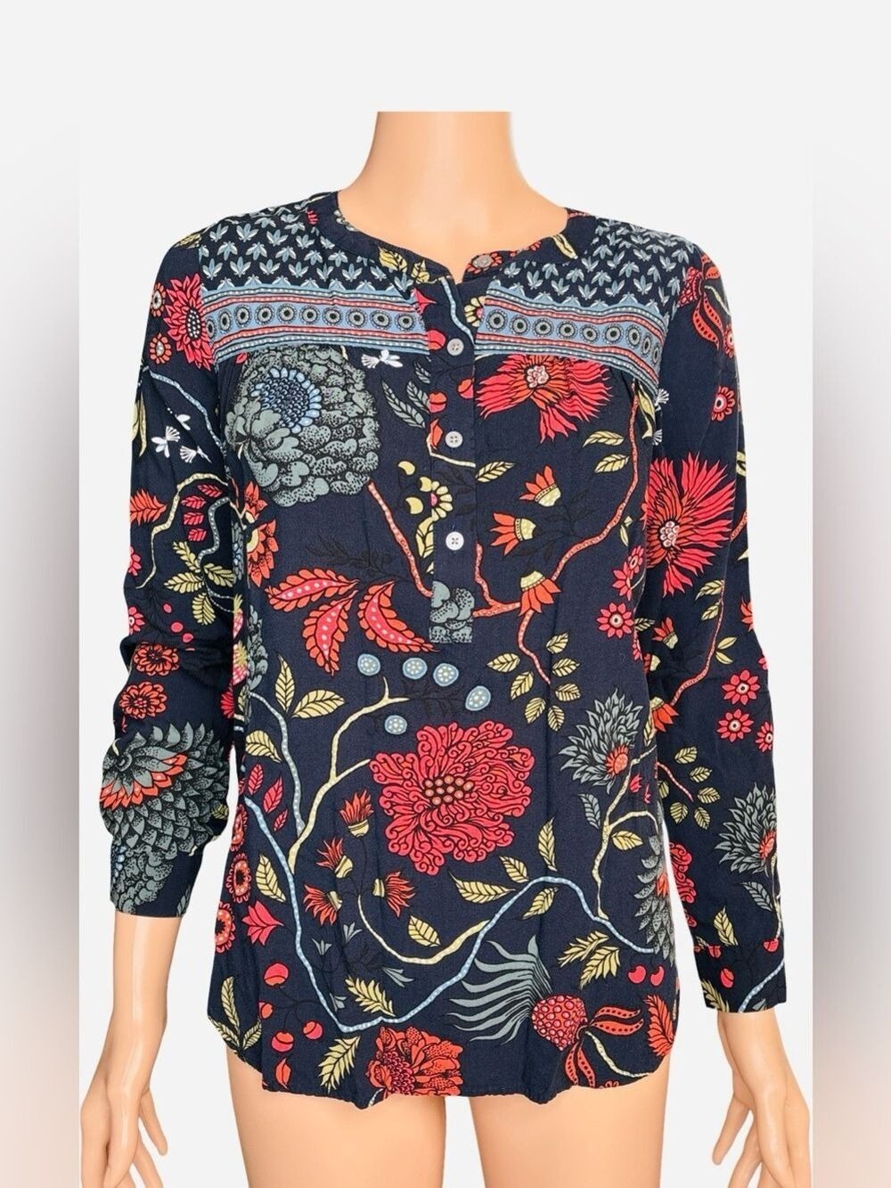 LOFT Navy Floral Tunic with Red & Yellow Accents XSP
